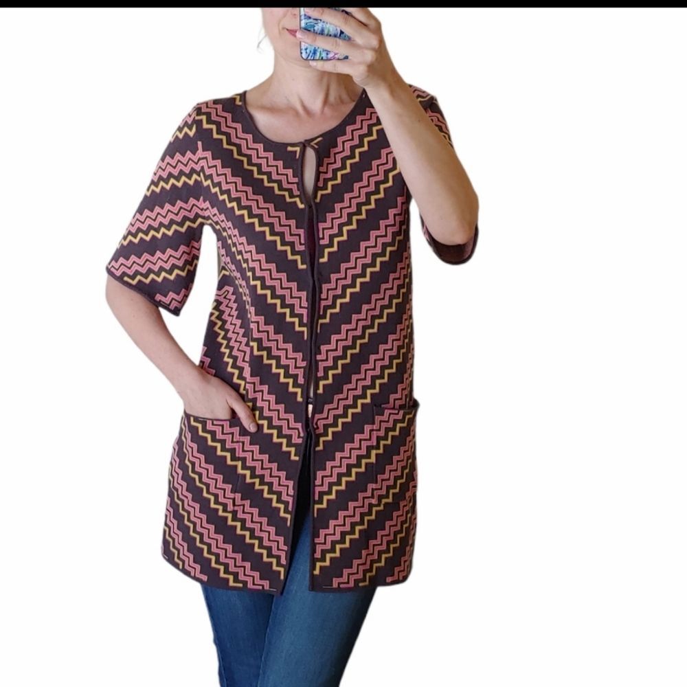 Milly zigzag chevron knit cardigan short sleeves long sweater size Small